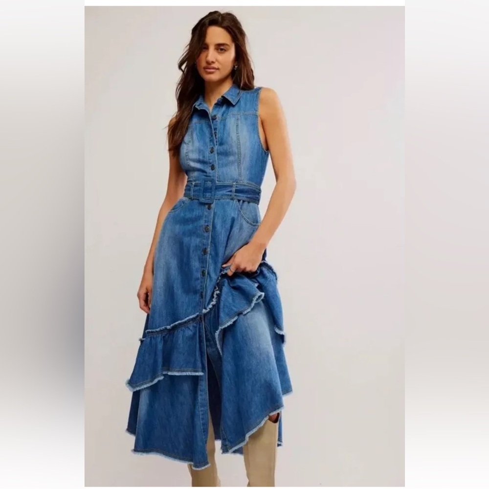 Free People Sleeveless Denim Midi Dress in Blue